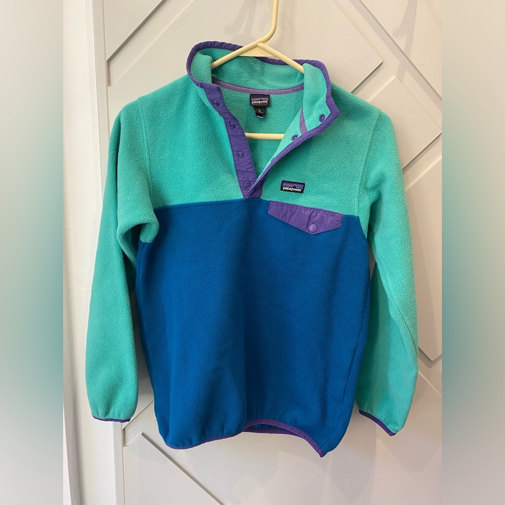 Patagonia Kids' synchilla snap-t pullover blue green purple trim size Large 12